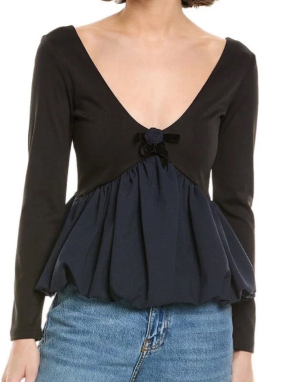 NWT Zara Bubble Hem V-Neck Long Sleeve Blouse, M